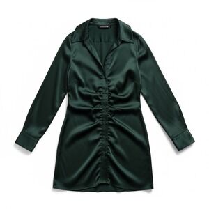 DESIGN LAB Vine Green‎ Satin Ruched Button Down Shirt Dress S P